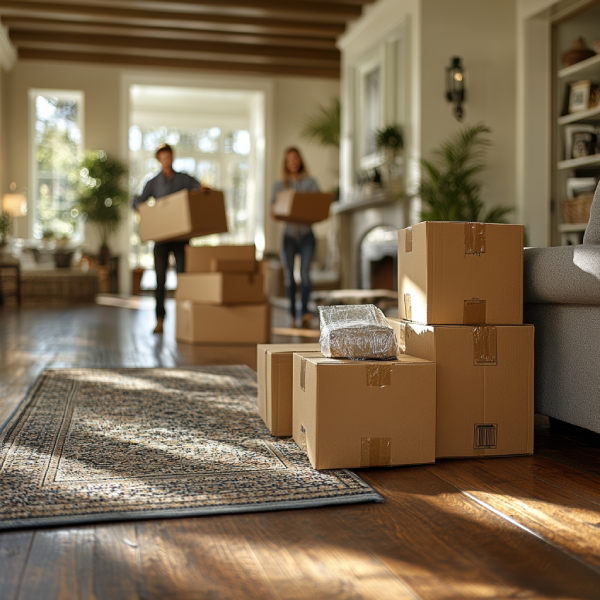 welllit-living-room-with-unpacked-cardboard-boxes-placed-hardwood-floor-couple-is-seen